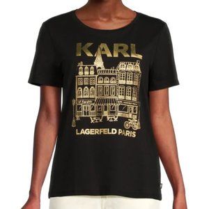 Karl Lagerfeld Paris Gold Metallic Graphic Tee Shirt Size S NWT